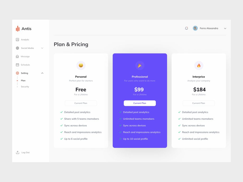 Dashboard Pricing UI Design Page