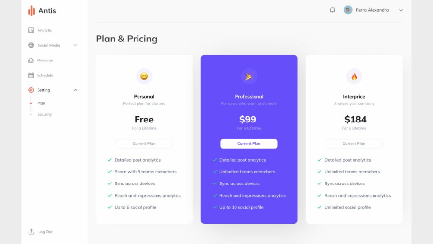 Dashboard Pricing UI Design Page