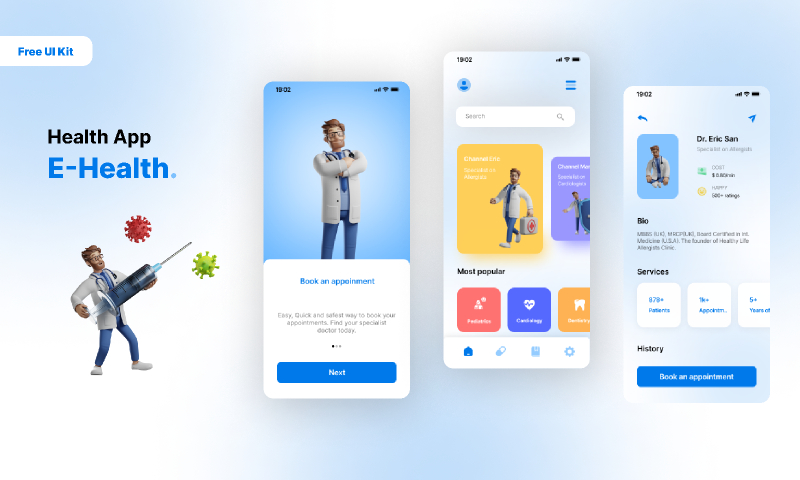 E-Health - Mobile App UI Kit For Channel Doctors Figma Free Download