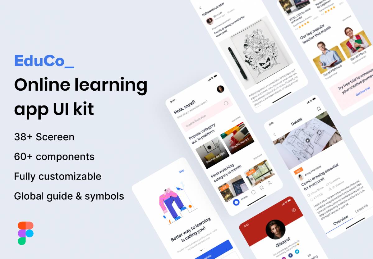 E-learning app for UI kit Figma Free
