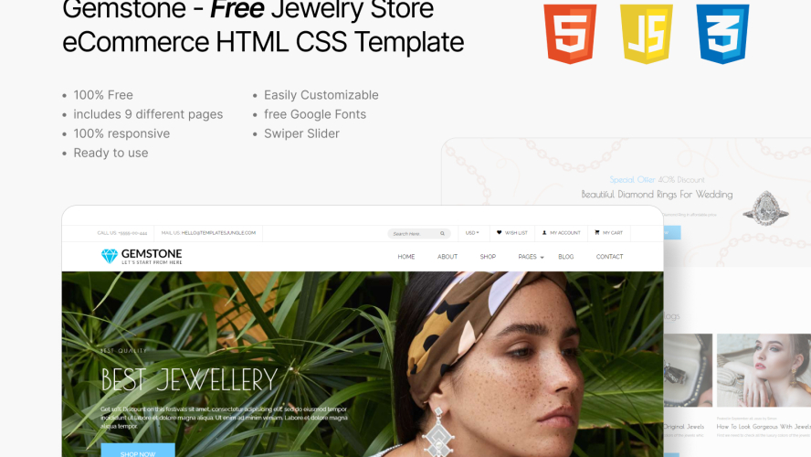 Free HTML CSS eCommerce Template for Jewellery Store Website