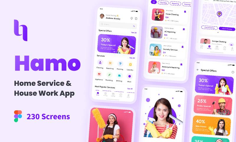 Hamo - Home Service & House Work App UI Kit Figma Mobile Template