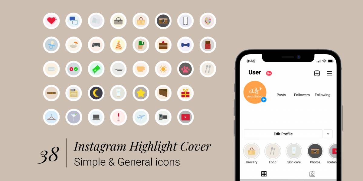 Instagram Highlight cover - 38 general and simple icons figma free