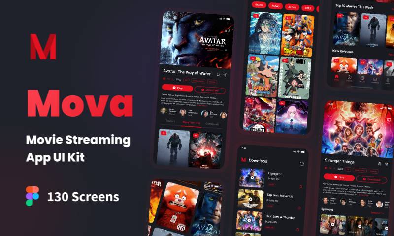 Mova - Movie Streaming App UI Kit Figma Mobile Template