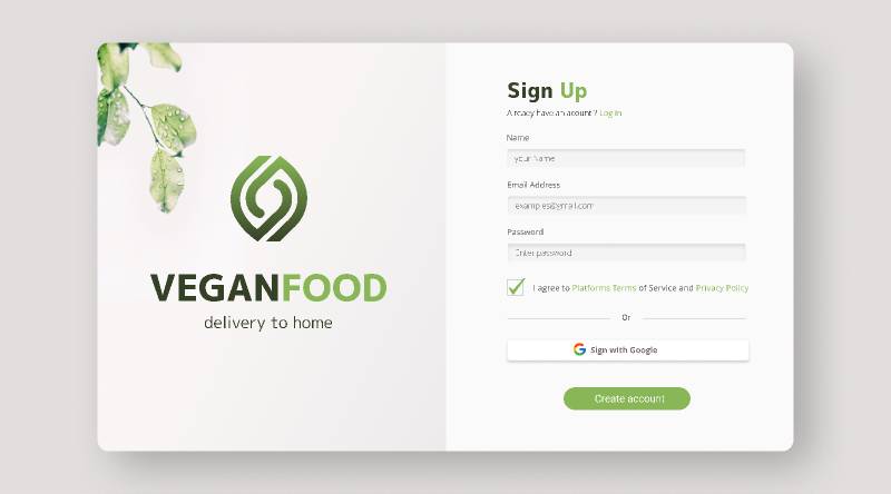 Sign Up VeganFood Figma Template
