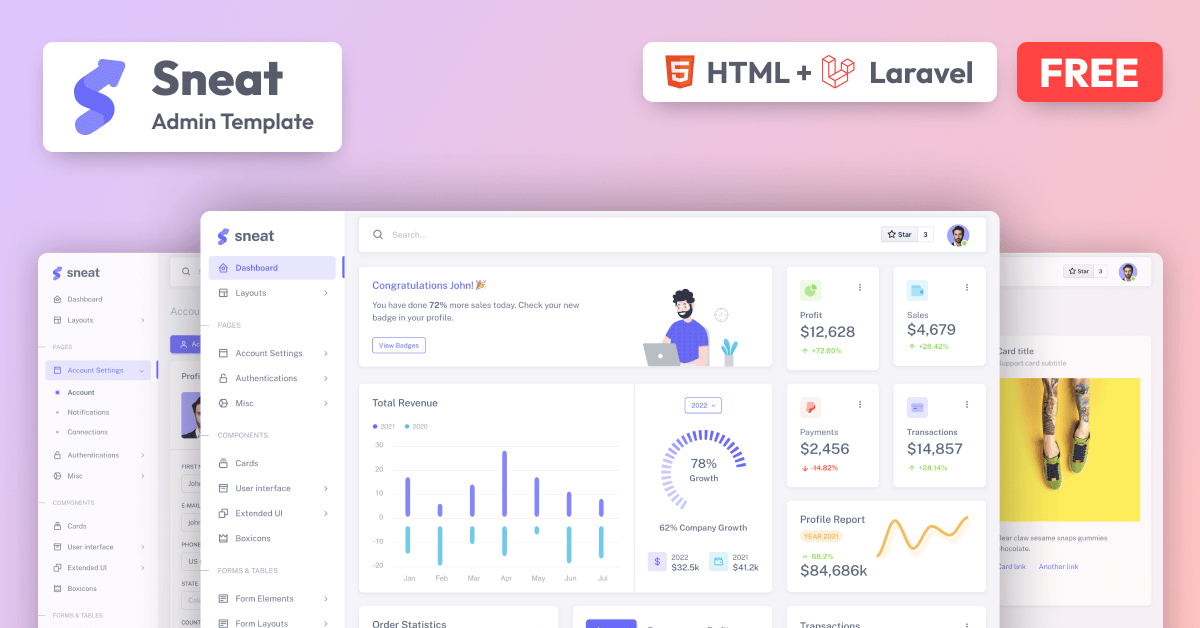 Sneat – Free Bootstrap 5 HTML Laravel Admin Template