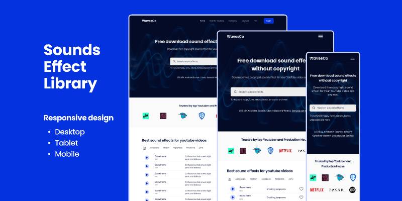 Sounds effect library - responsive landing page Figma Template