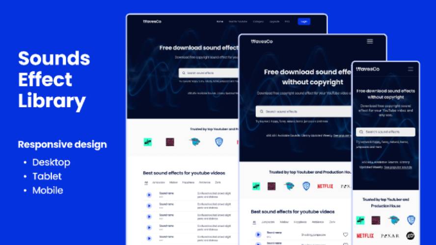 Sounds effect library - responsive landing page Figma Template